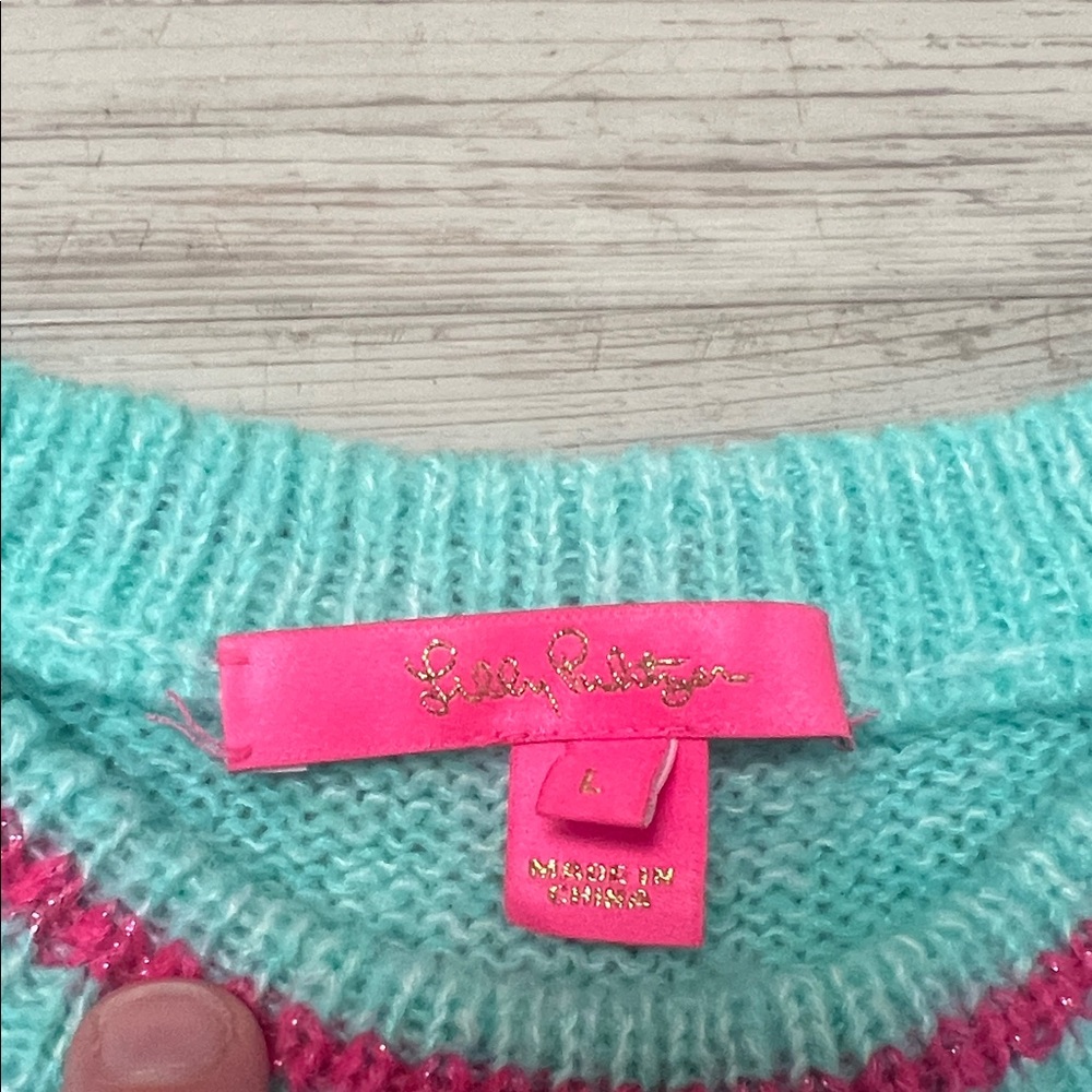 Lilly Pulitzer NWOT Vacay Ready Turquoise and Pink Sweater Large - Picture 3 of 4